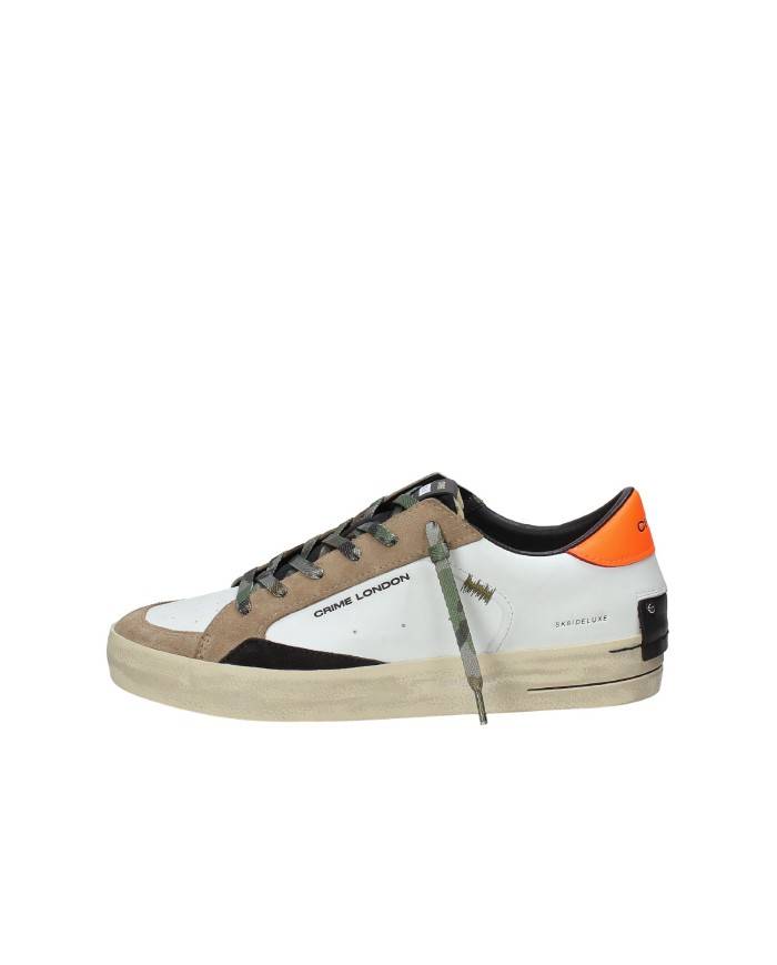 Crime London Sk8 Delux.11106 Sneaker basse uomo in pelle e patch camoscio Bianco e Taupe Crime London Sk8 Delux.11106 Sneaker basse uomo in pelle e patch camoscio Bianco e Taupe