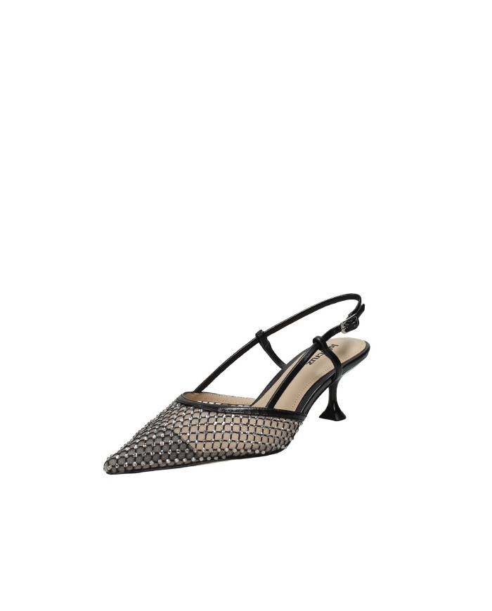 Lola Cruz 188z13bk Décolleté slingback in rete glitter e pelle Nero