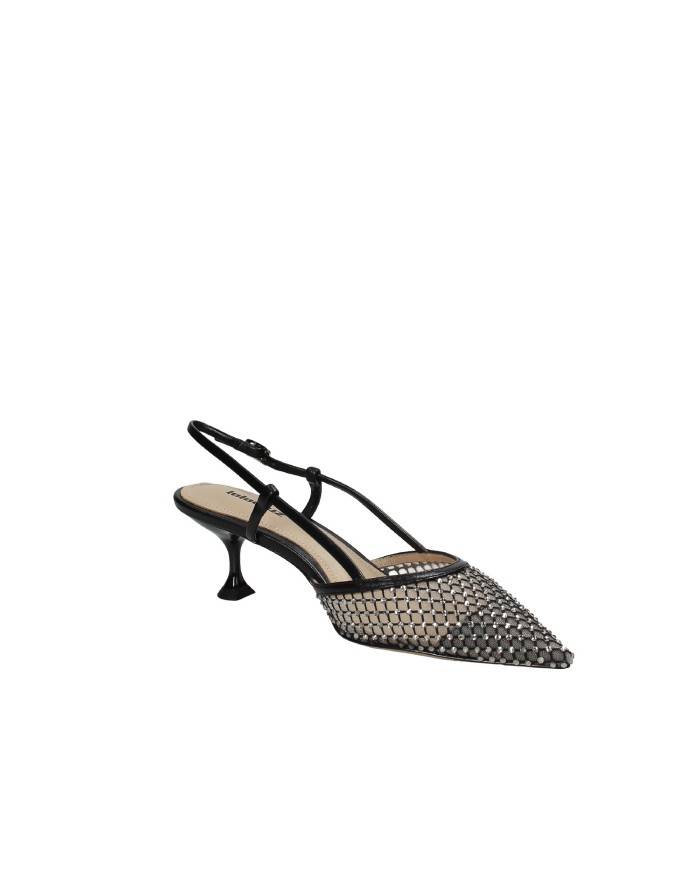Lola Cruz 188z13bk Décolleté slingback in rete glitter e pelle Nero